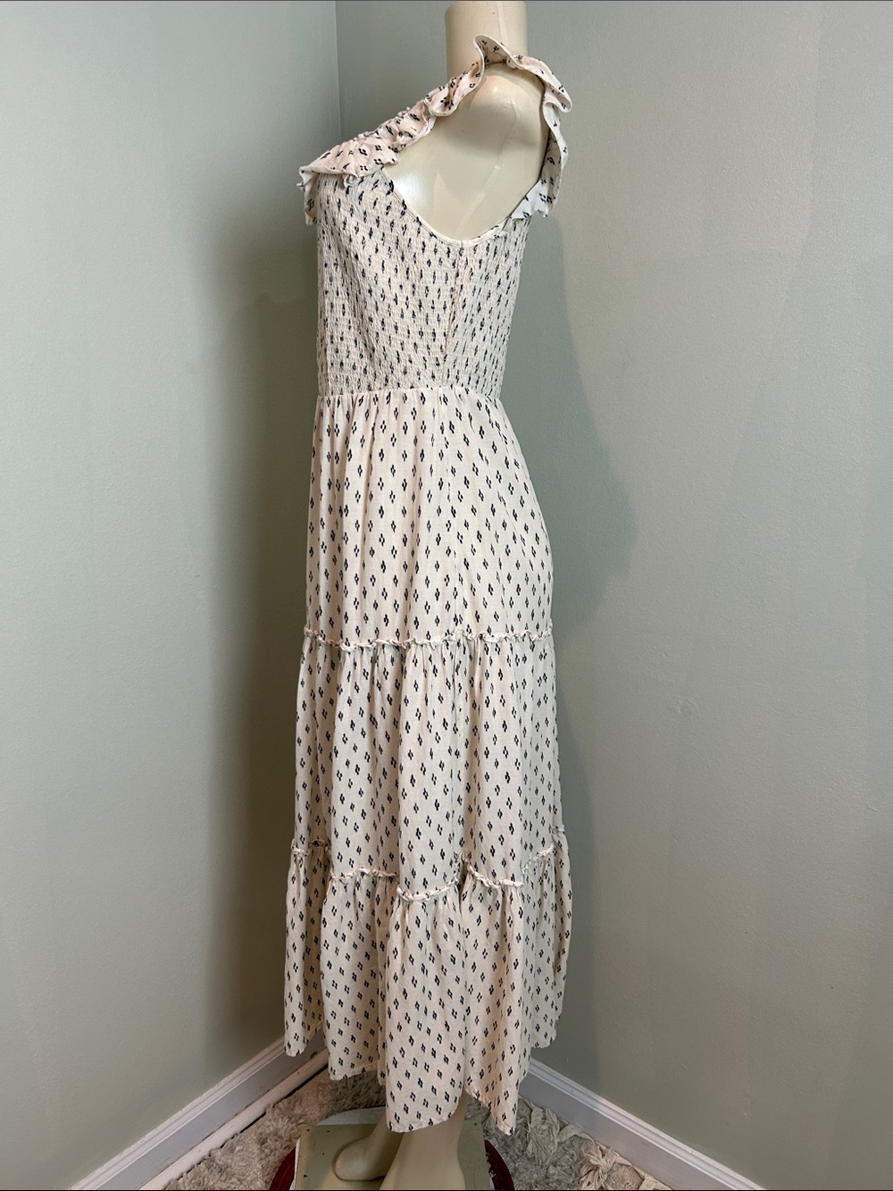 Old Navy Smocked Midi Dress Medium Cream Blue Print Ruffle Strap Cottagecore - Picture 3 of 8